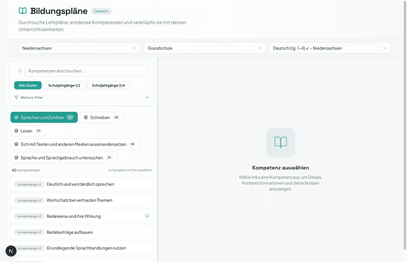 Bildungsplan-Browser mit Kompetenzliste