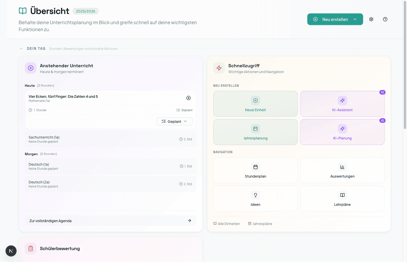 LehrerCopilot Dashboard mit Statistiken, Stunden\u00fcbersicht und Aktivit\u00e4ten