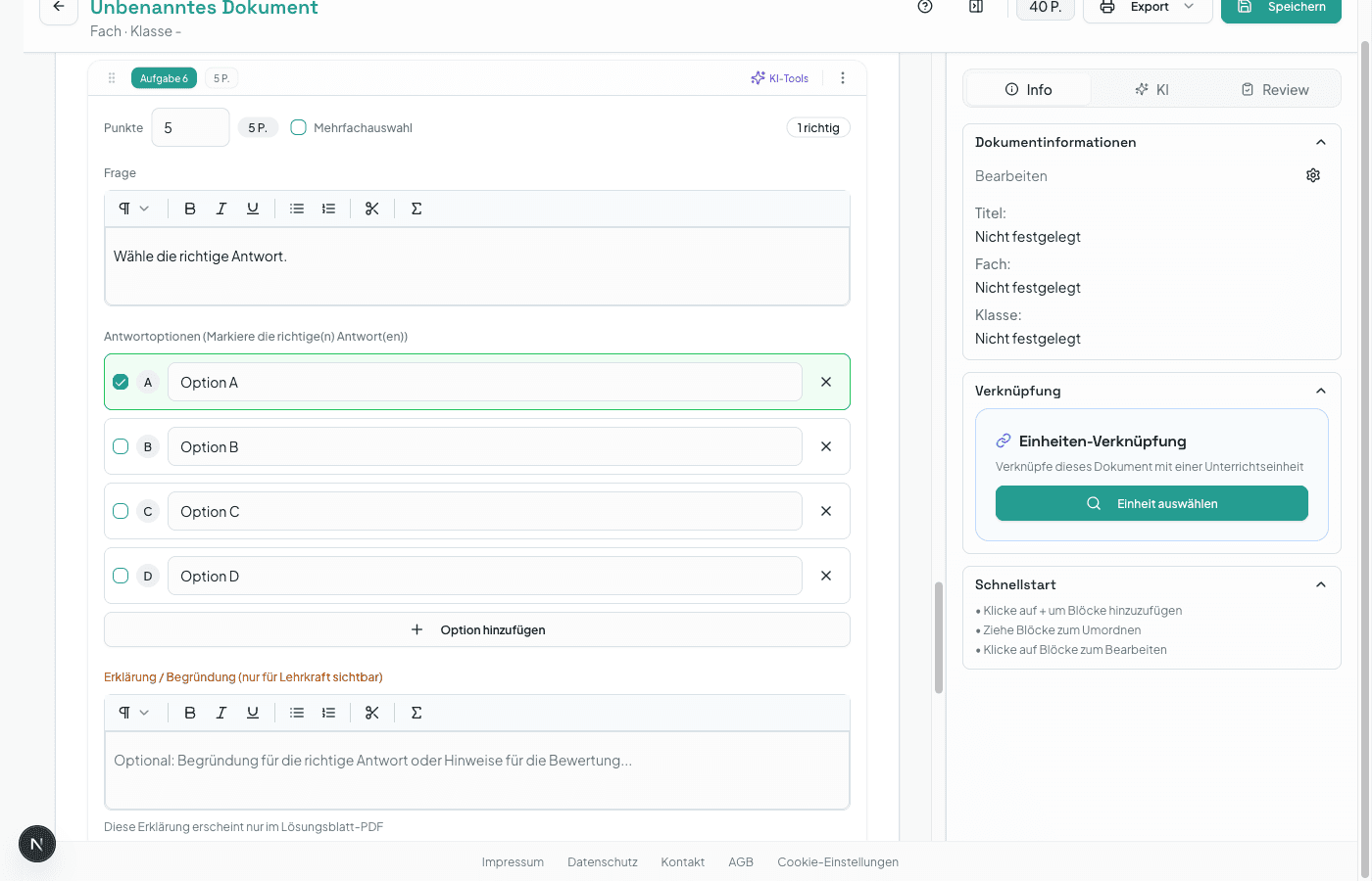 Klausur-Editor mit Multiple-Choice-Aufgaben und Bewertungskriterien