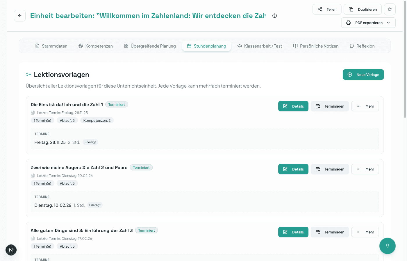 Unit-Editor mit Stundenplanung, Phasen und Materialien