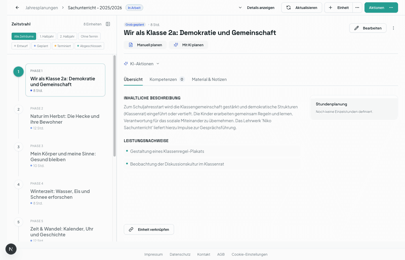 Jahresplan-Timeline mit Unterrichtseinheiten über das Schuljahr verteilt