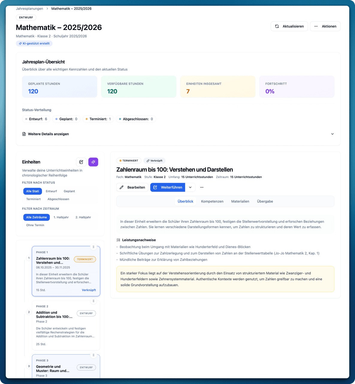 Screenshot der Jahresplanung in LehrerCopilot